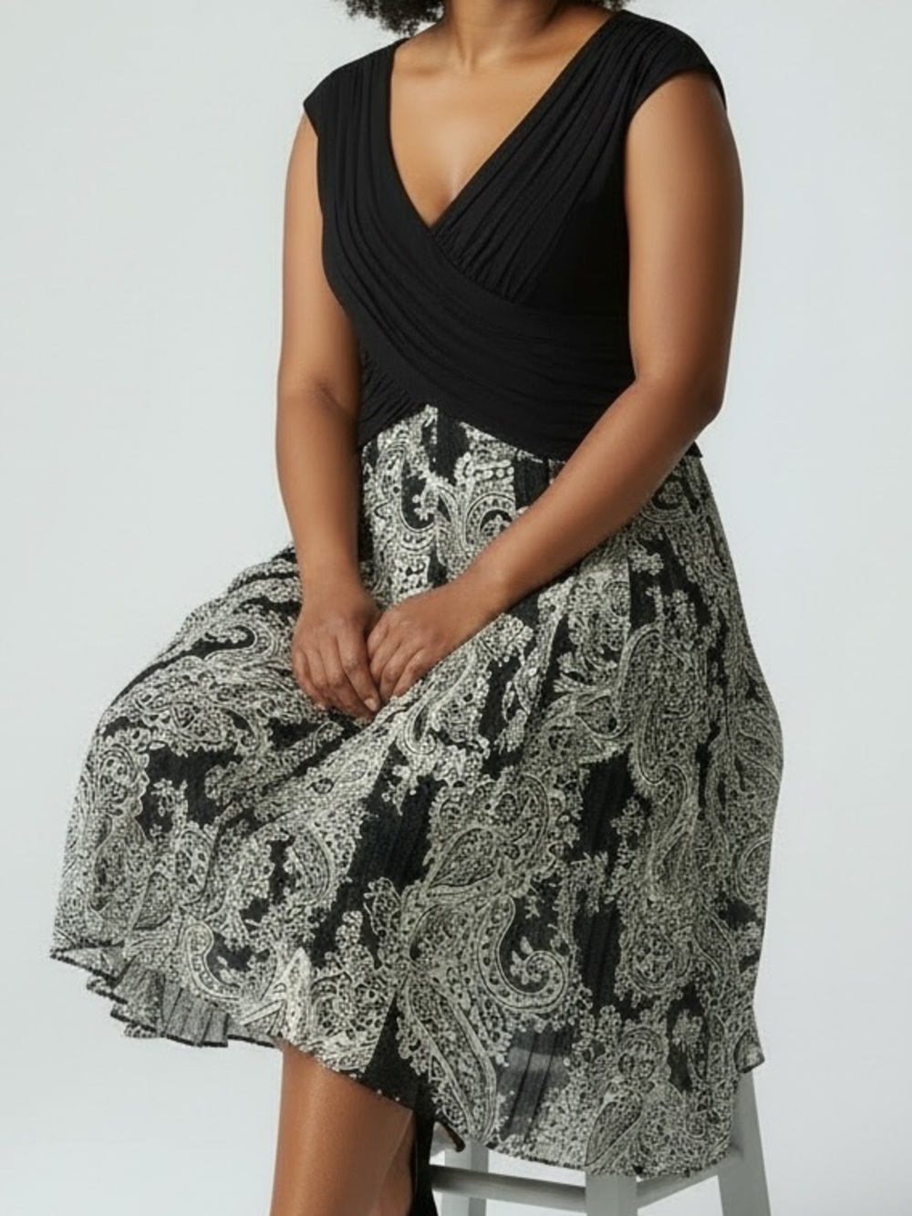Adrianna Papell Black & White Paisley Midi Fit-and-Flare Dress Size 14